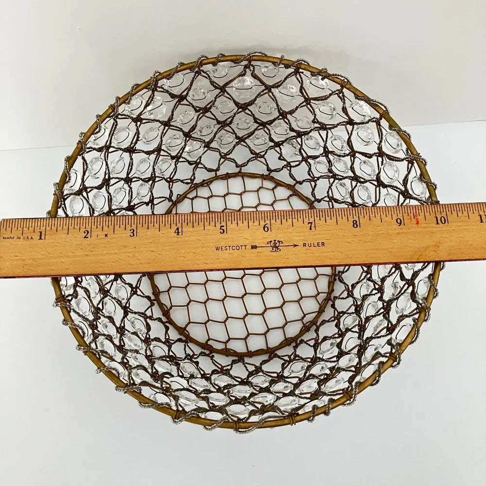 Vintage Gold Wire Crystal Basket Decorative Beaded Bowl Centerpiece 10 Inch